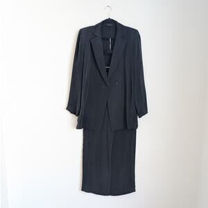 Yasemin Ozeri 2PC Set Black Liquid Butter Double-breasted Blazer M Dress Pants S